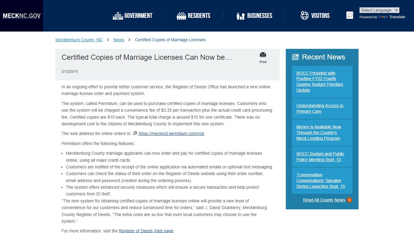 Certified Copies of Marriage Licenses Can Now be Ordered Online